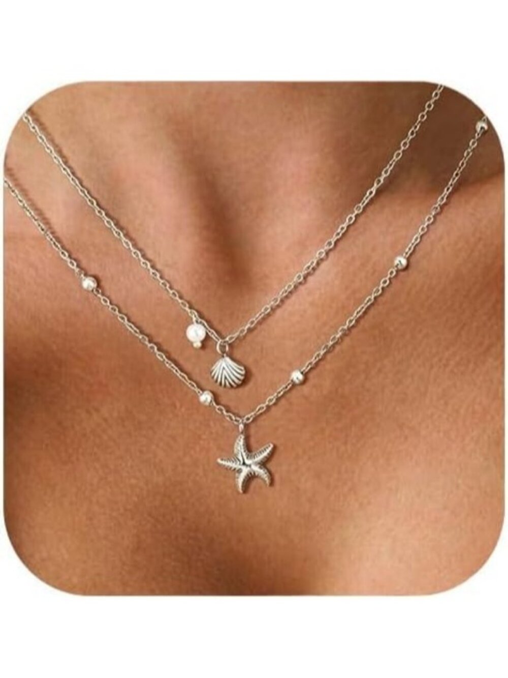 Women's Silver Layered Shell Starfish Conch Pearl Pendant Necklace Non Tarnish
